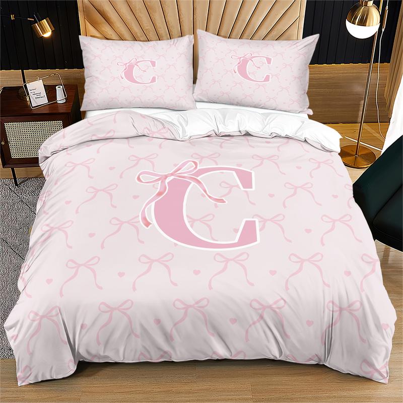 Letter Bow Pattern Soft Durable Bedding Set, Includes 1 Fitted Sheet & Pillowcases, Modern Style Bedroom Decor Gift for Teens Adults, Soft Bedding Sets