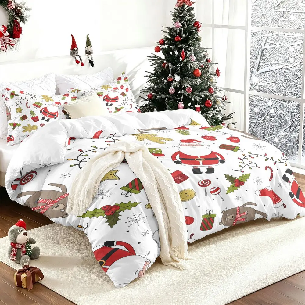 2/3Pcs Christmas Duvet Cover Set, Cute Santa & Gingerbread Man Bedding Set, Holiday Theme Duvet Cover with Pillowcase, Soft Festive Kids Bedroom Comforter Cover, Xmas Decor Bedding, Full/Queen/King, No Fillers