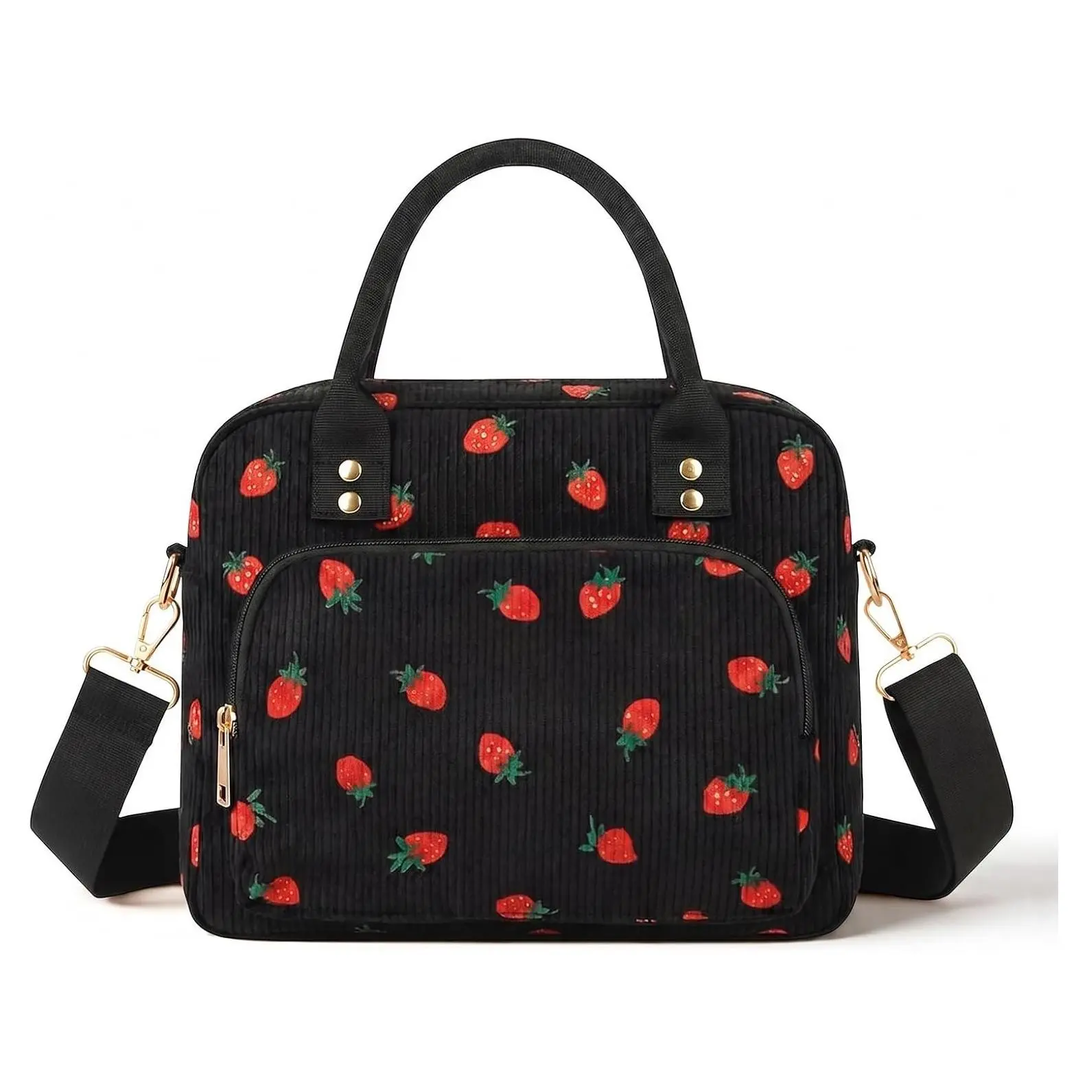 Large Insulated Lunch Bag for Women Adults - Cute Strawberry Corduroy Lunchbox with Shoulder Strap for Work, Black StrawberryGift