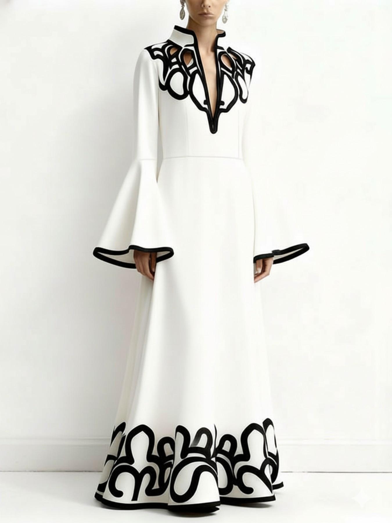 Women's A-Line Flare Sleeve Abstract Print Colorblock Cut-Out Patchwork Stand Collar Long Dress, Elegant Casual Fashion