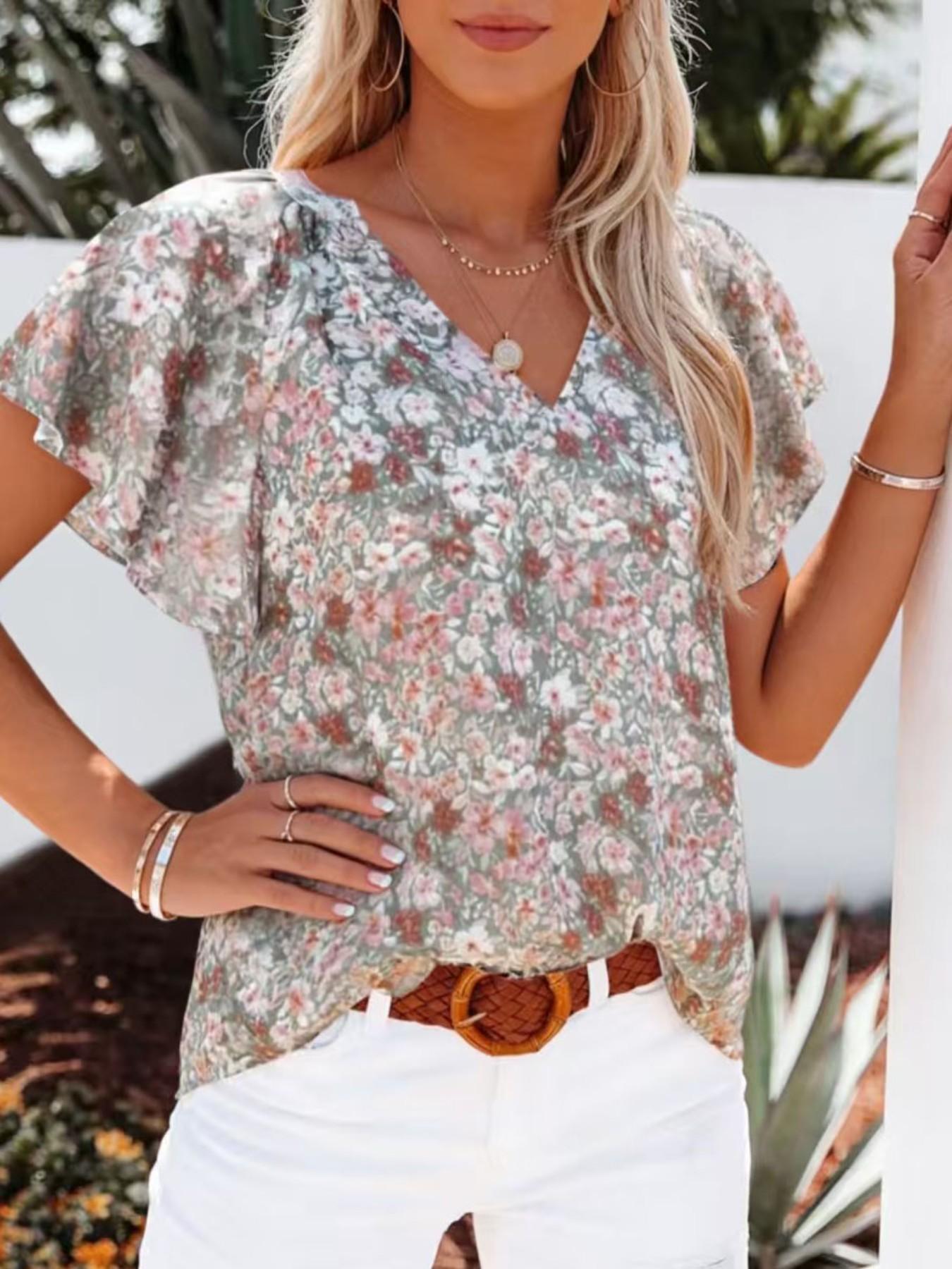 Women's V-Neck Printed Short Sleeve Loose Fit Casual Pullover Shirt, Comfortable and Stylish Top for Daily Wear, Perfect for Relaxing Days