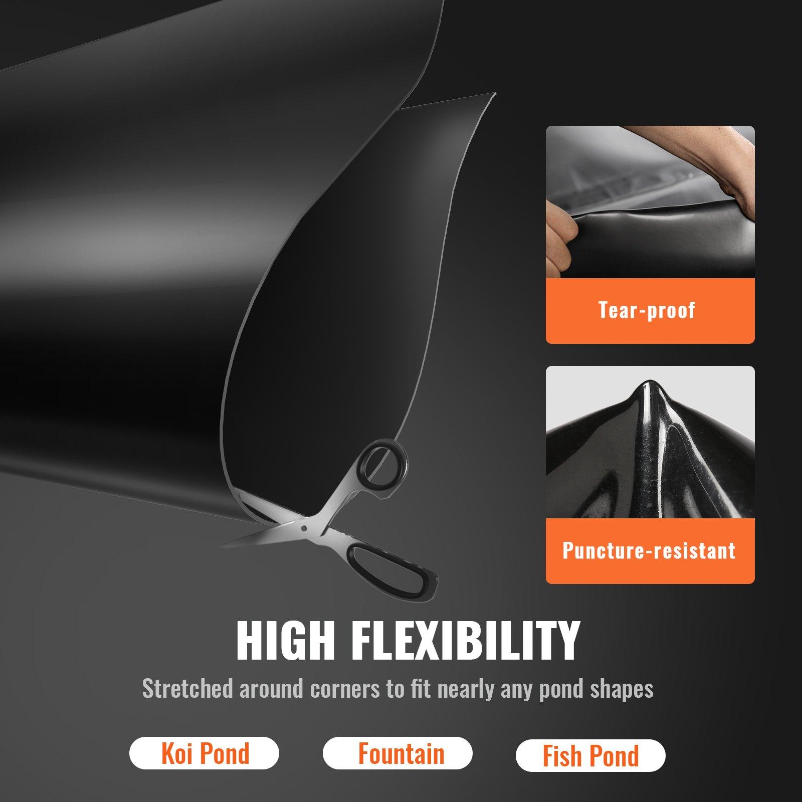 VEVOR Pond Liner, 15x 20 ft 45 Mil Thickness, Pliable EPDM Material Pond Skins, Easy Cutting Underlayment for Fish or Koi Ponds, Water Features, Waterfall Base, Fountains, Water Gardens, Black