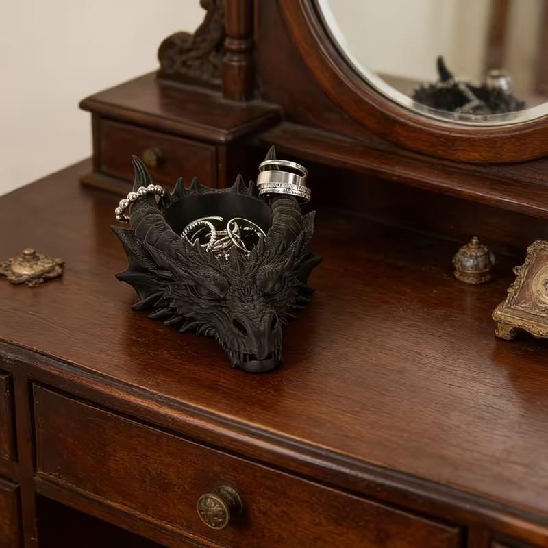 Gothic Dragon Head Jewelry Organizer Tray, Dark Theme Desktop Decor, Practical Ring Necklace Holder, Cool Desk Accessory