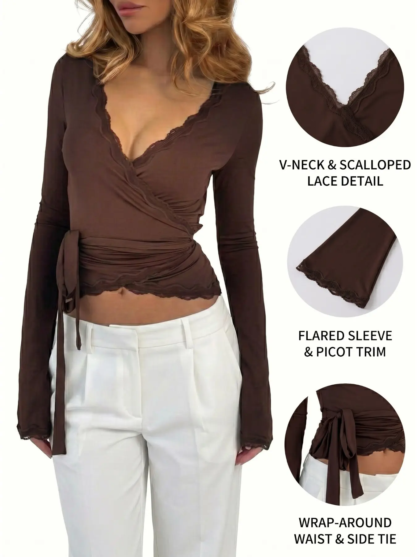 Y2K Balletcore Wrap Crop Top for Women, Lace Mesh Flare Long Sleeve Deep V Cross Over Self Tie Slim Fit Pilates Yoga Casual Daily Going Out Blouse