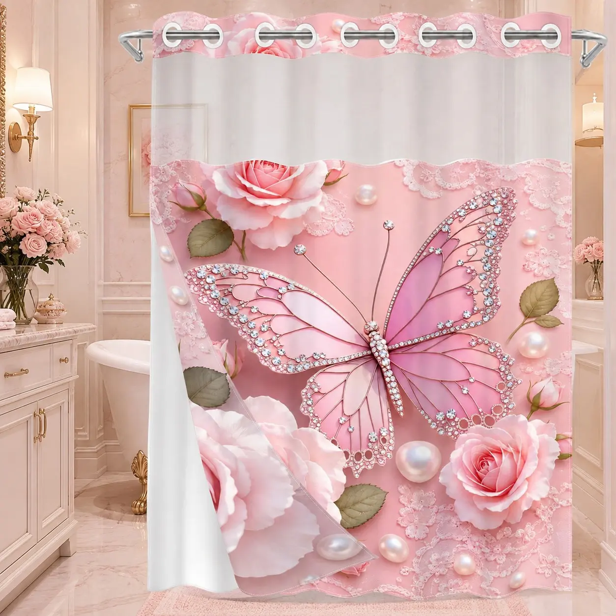1PC 2D Flat Pink Rose, Jeweled Butterfly, Pearl & Lace Floral Pattern Double-Layer Woven Shower Curtain, No Hooks, Transparent Top Window, Removable Snap-On Liner, Romantic Luxury Bathroom Partition Art Decor, Valentine’s Day & Holiday Decoration