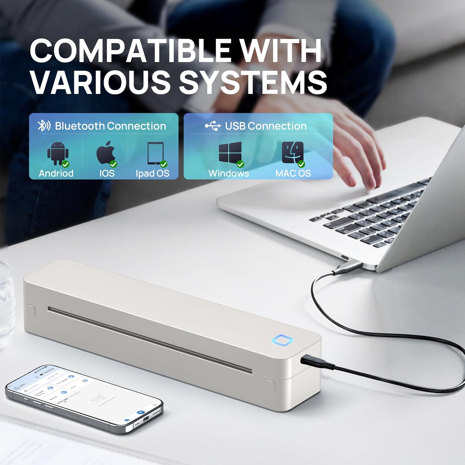 D830 Portable Printer  for Travel, Supports 8.5 x 11 Inch Thermal Paper,  Compatible with iOS, Android, Laptop, Beige