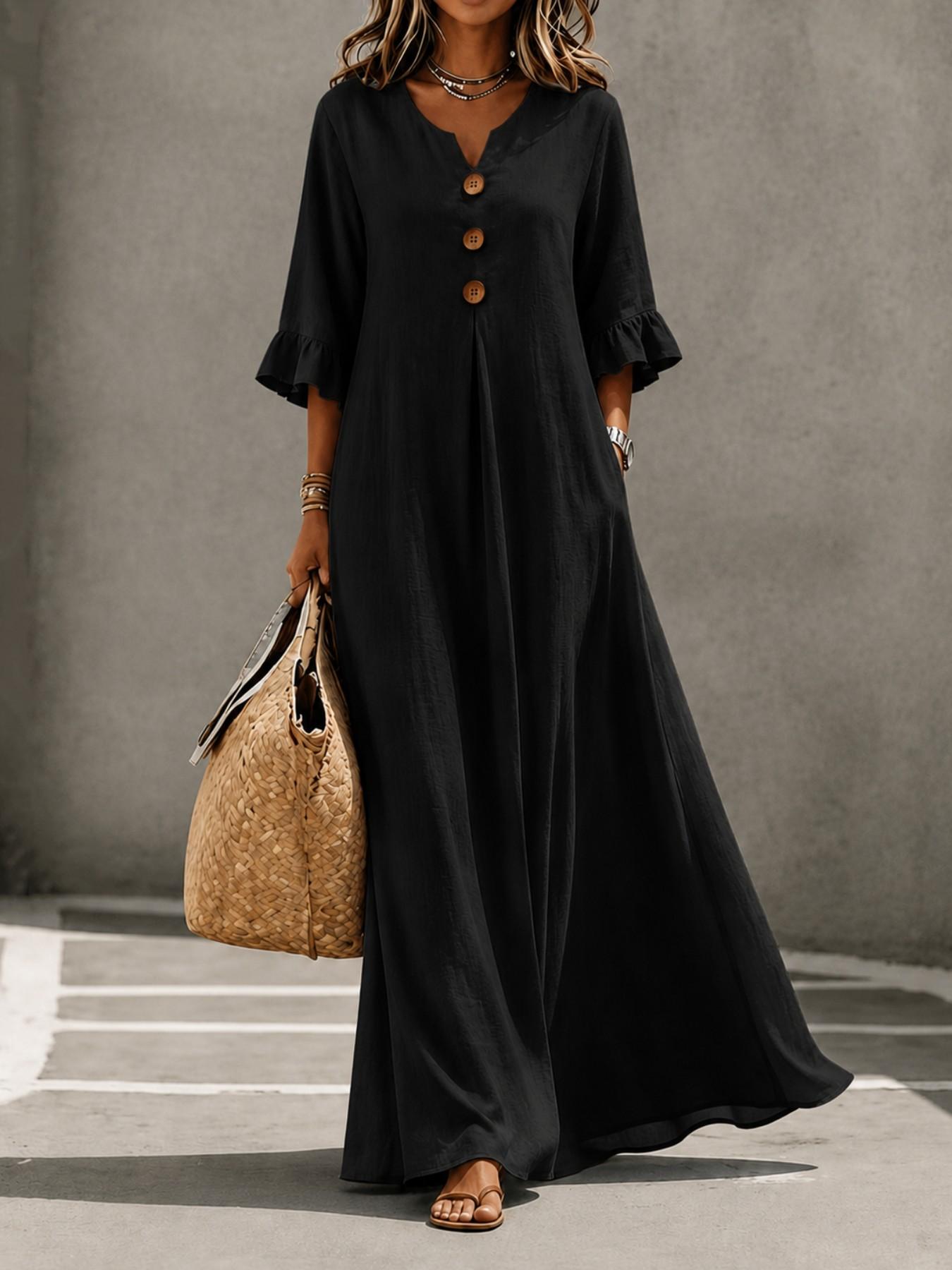 Women's Boho Aesthetic Style Solid V-Neck Dress with Wooden Buttons and Ruffle Sleeves, Loose-Fit A-Line Skirt, Fall & Winter Casual Wear