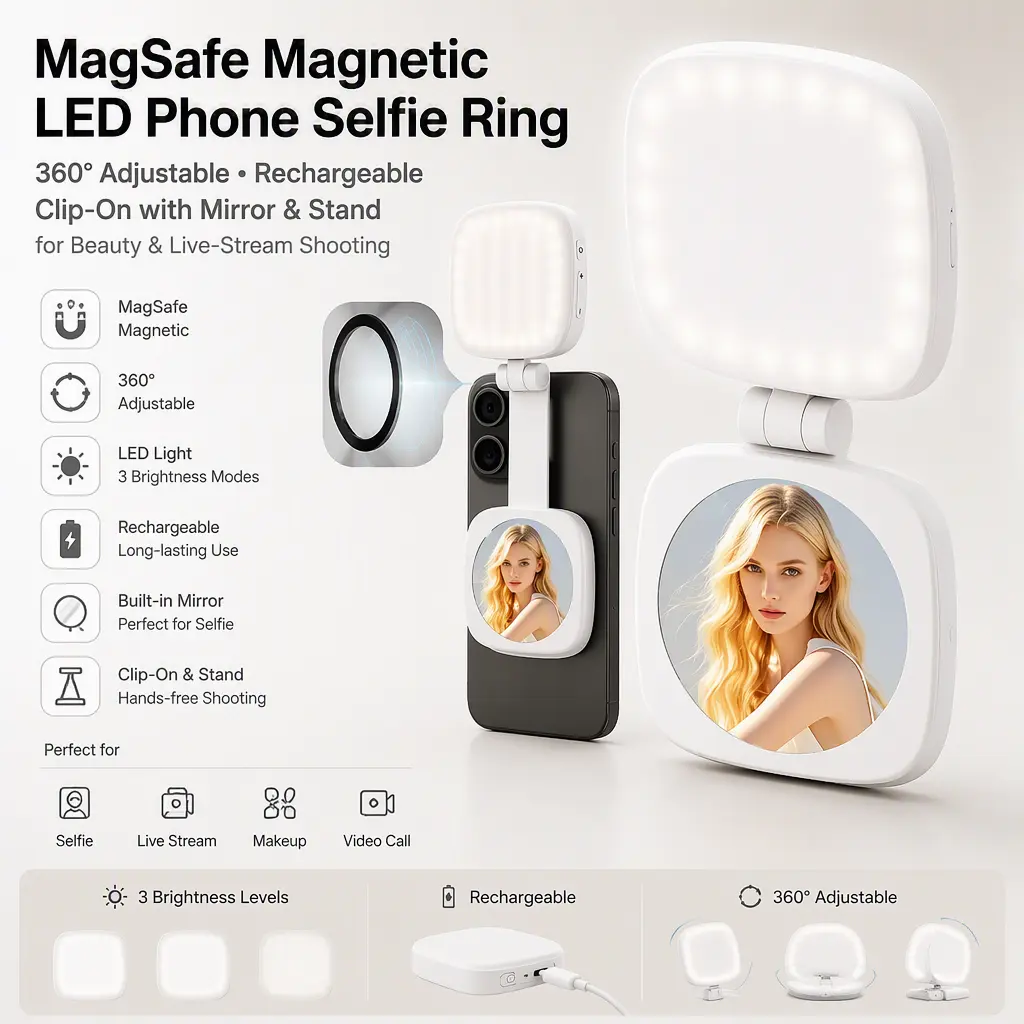 Rechargeable MagSafe Magnetic Selfie Ring Light, 360° Adjustable Clip‑On, Built‑in Mirror & Stand for Makeup & Live Stream