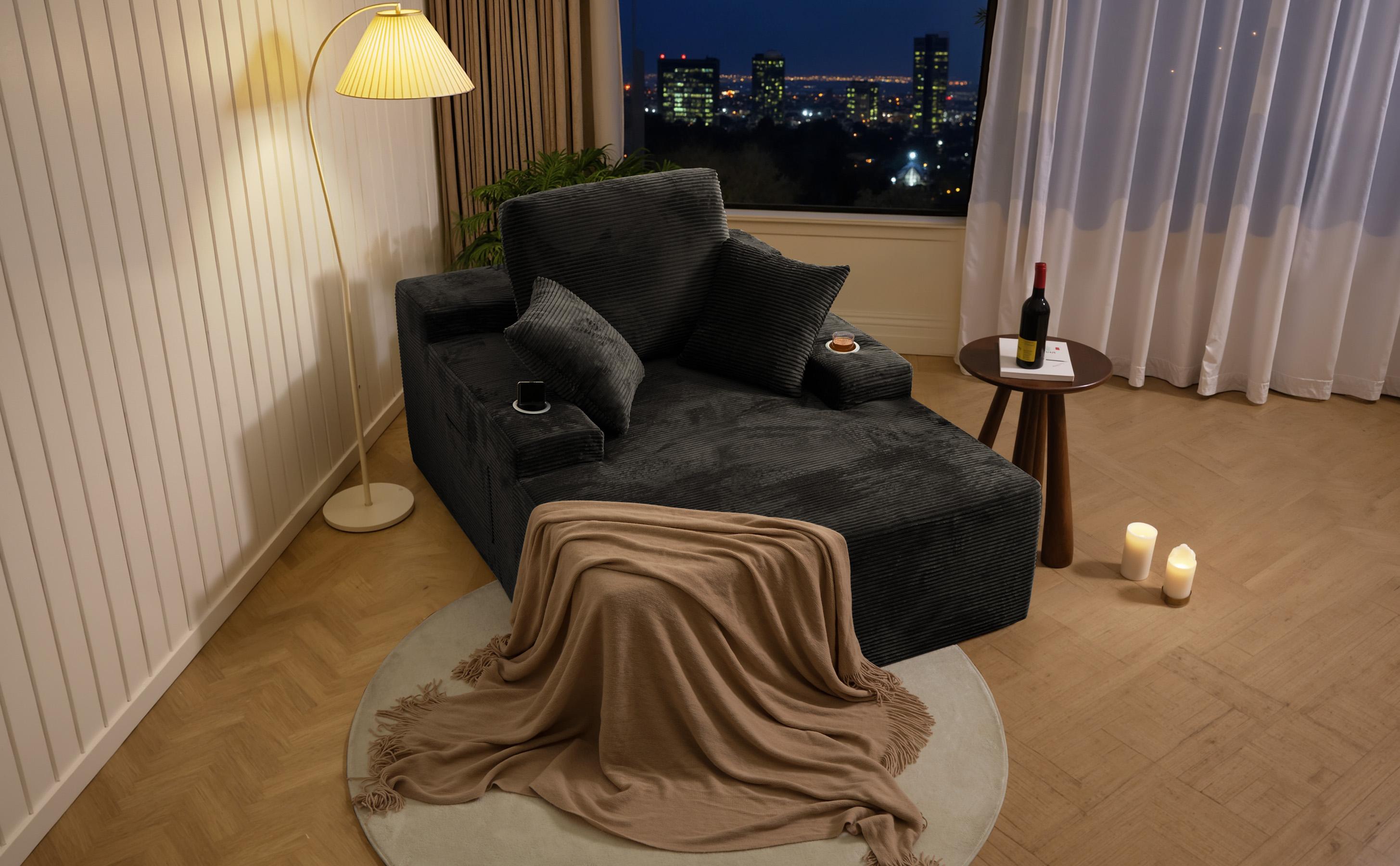 LIKIMIO 49" Oversized Chaise Lounge Sofa Bed with 2 Cup Holders & Storage Pocket - Plush Corduroy Upholstered, No Assembly Cloud Couch for Living Room, Bedroom, or Reading Nook