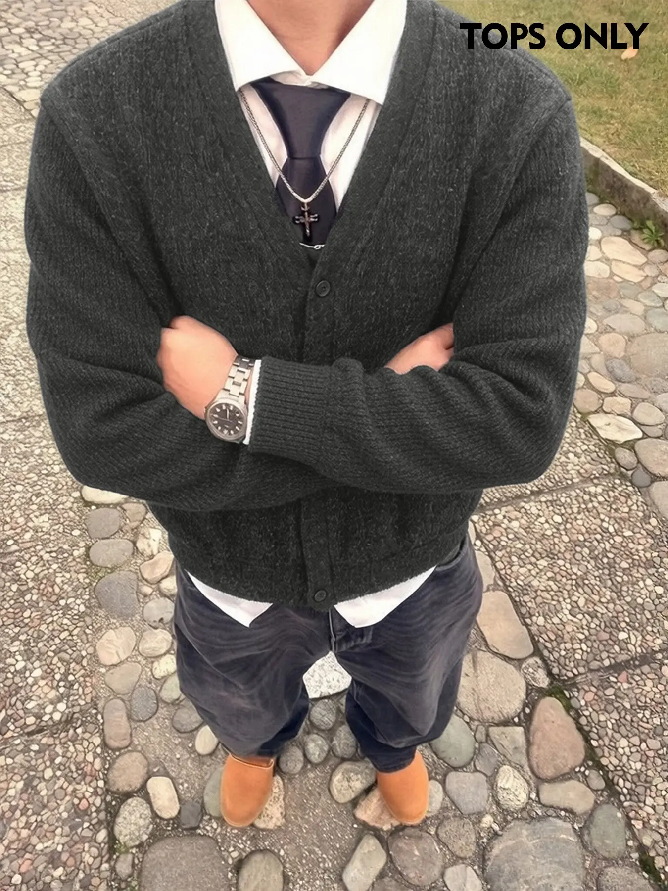 Men's V Neck Button Knit Cardigan, Preppy Style Cropped Solid Long Sleeve Jacket, Suitable For Daily Street Casual And Back To School Outfits