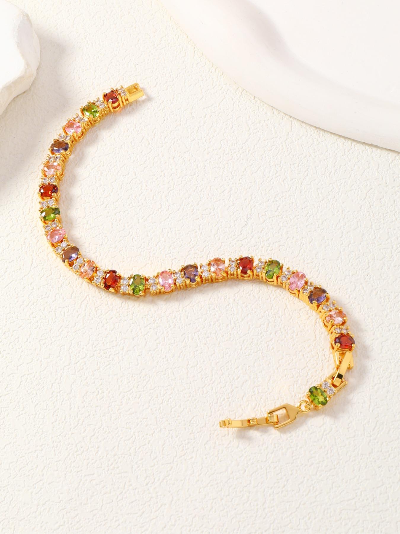 Luxury Rainbow Gemstone Bracelet, Copper Material Jewelry, Elegant Design Accessory for Women & Girls, Perfect Gift Idea