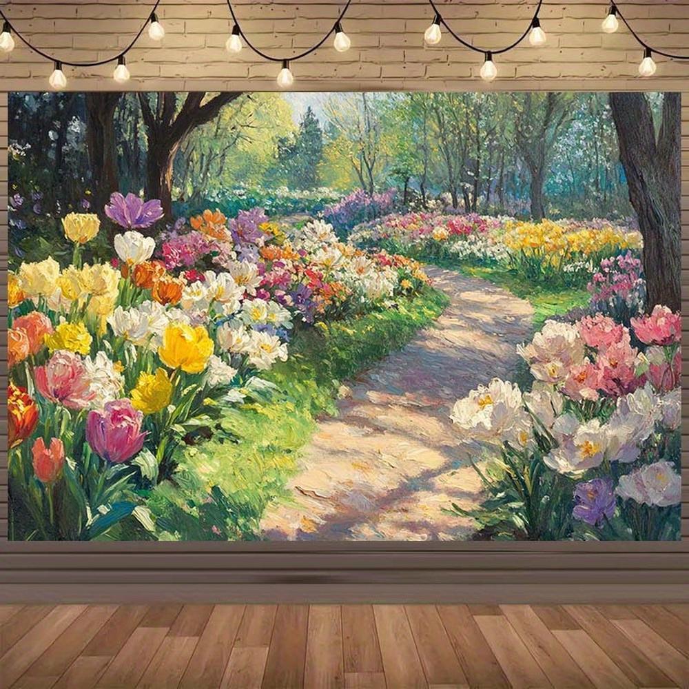 1pc Vibrant Tulip Pathway Wall Mural - Colorful Sunlit Flowers & Lush Greenery, Polyester Fabric Banner for Spring Celebrations, Easter Decor, Birthdays, or Photography Backdrop, Multiple Sizes Av