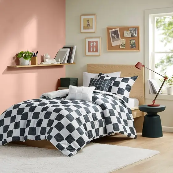 Nokaa Twin/Twin XL Checkered Comforter Set - Antibacterial, Hypoallergenic Polyester Bedding for Allergy-Sensitive Users, OEKO-TEX Certified, Machine Washable, Includes Comforter, Shams, Throw Pillows, Black & White Check Print