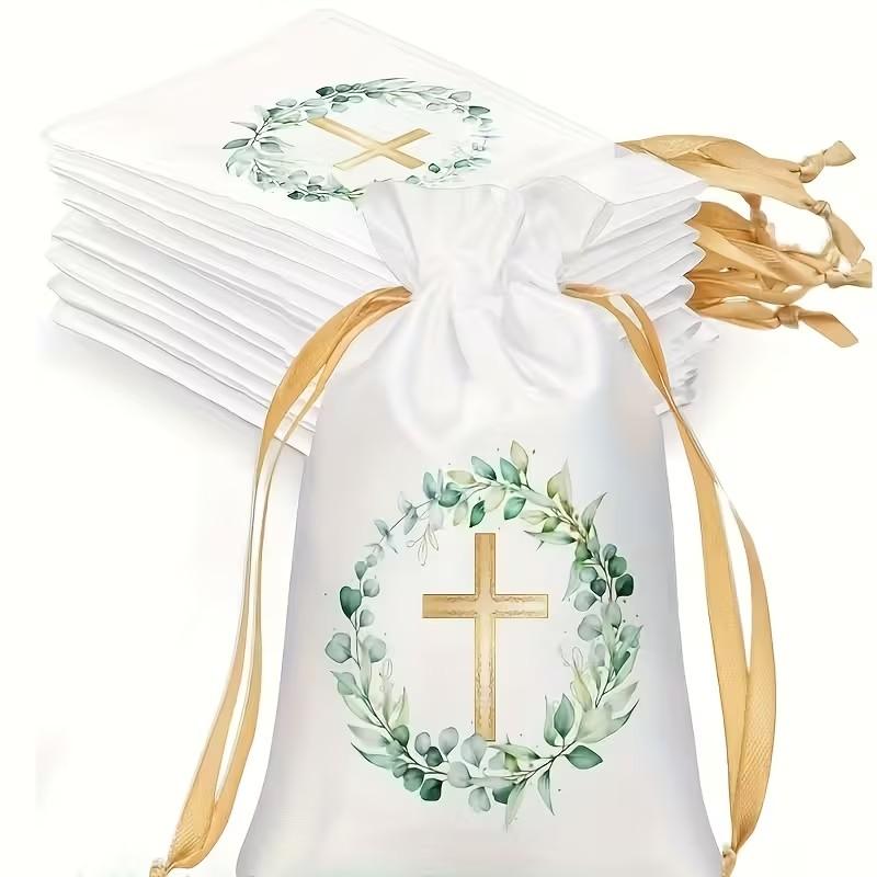 10/30 Religious Baptism and Communion Gift Bags with Drawstring Closure, Gold Wreath and Cross Design, Party Goody Bags, Suitable for Jewelry, Baptism, Communion, Weddings, Birthdays, Baptism Gifts, Party Favors, Gift Package