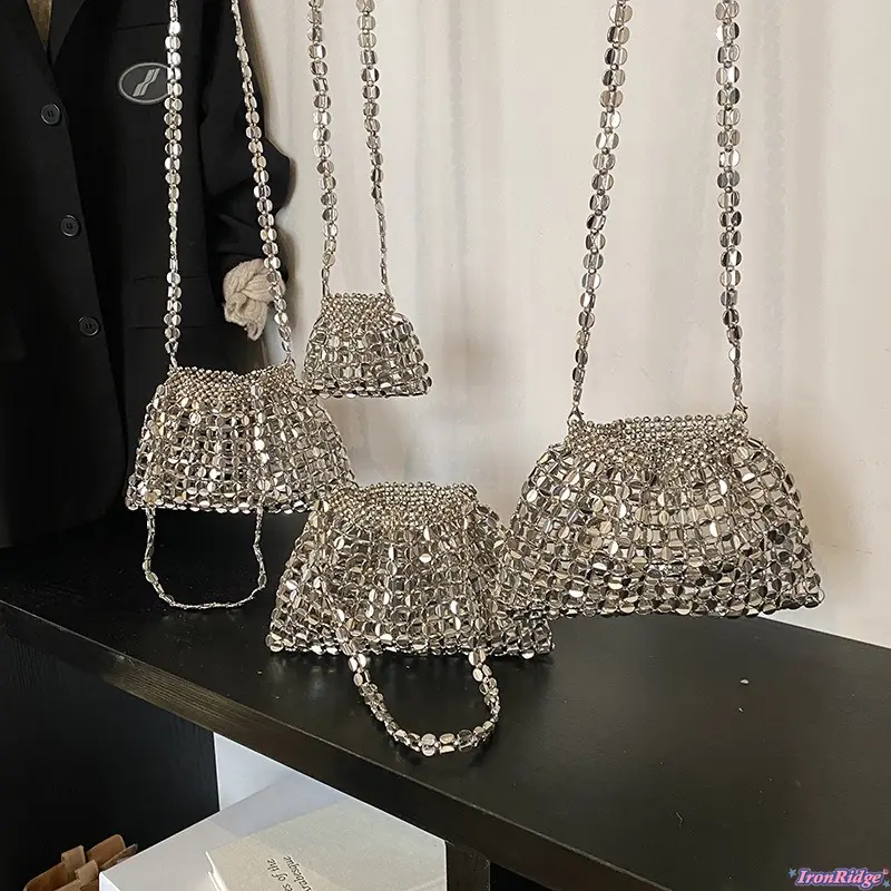 Women's Korean-Inspired Silver Metallic Sequin Dumpling Bag - Hand-Woven Vintage Underarm Shoulder Clutch for Party, Daily Fashion (Sports & Outdoor Accessories Compatible)