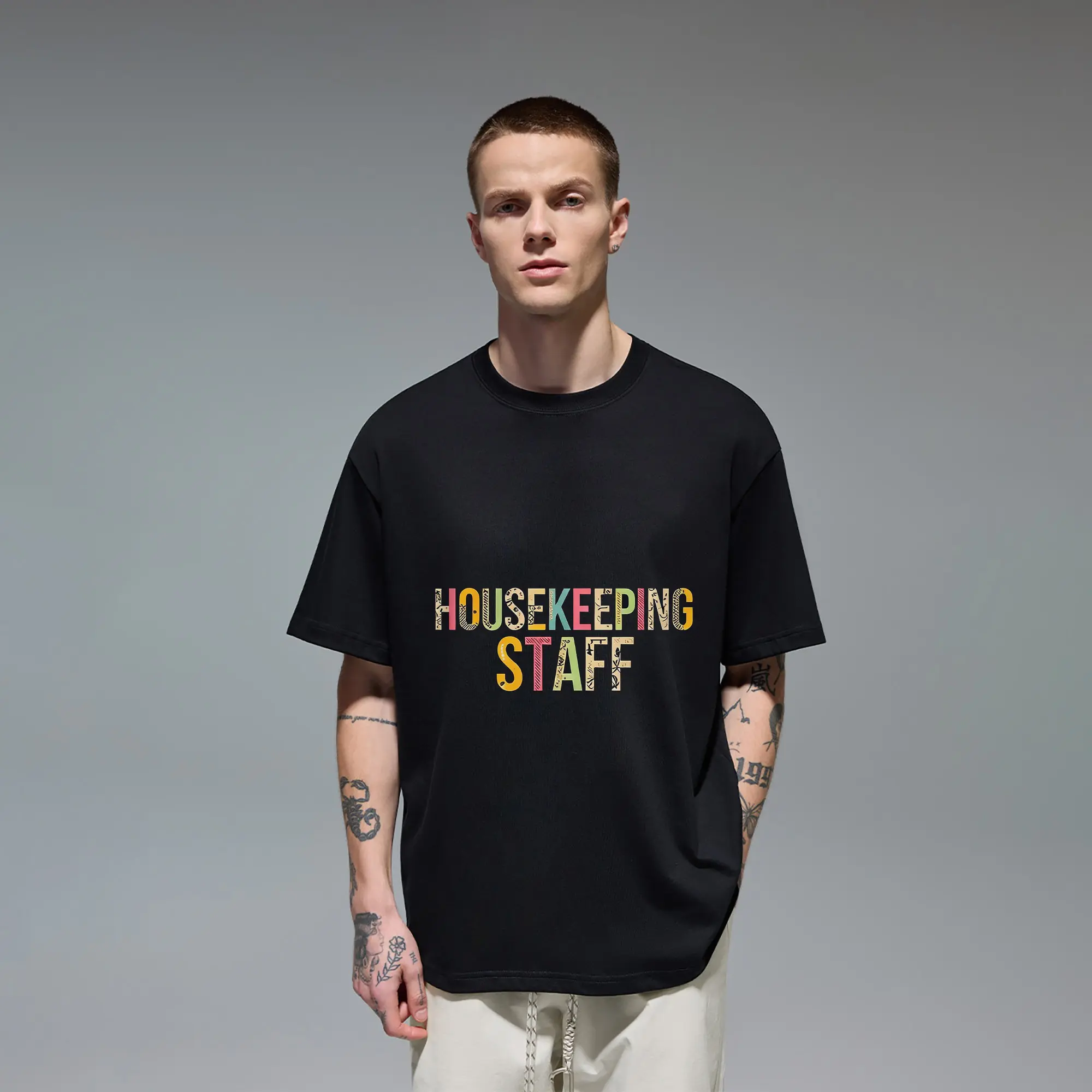 Housekeeping Staff T-Shirt Colorful Typography Graphic Tee Hotel Worker Uniform Maid Janitor Appreciation Novelty Gift for Women Men Cleaning Team Essential Worker Spring Cleaning Outfit Casual Workwear Black Top
