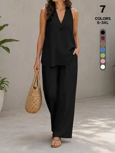 2026 Bestselling Women's Casual Solid Color Pajama Set, V-Neck Loose Fit, Comfortable for Home and Outdoors, Two-Piece Loungewear Sleepwear