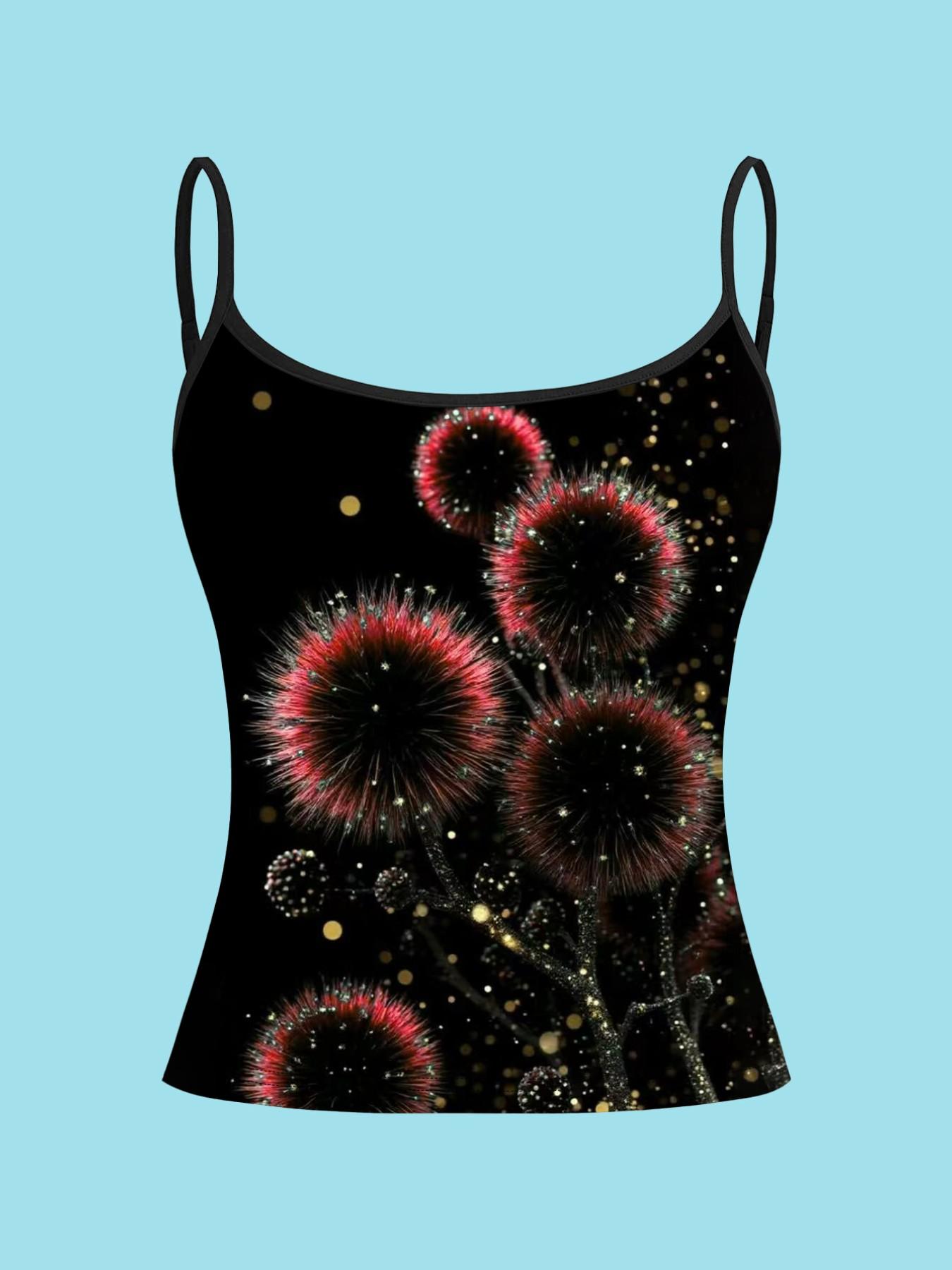 Neon Fluorescent Floral Print Strappy Top, Cyberpunk Slim-Fitting Shirt, 4-Piece Set, Casual Style, All over Print, Fashionable Clothing