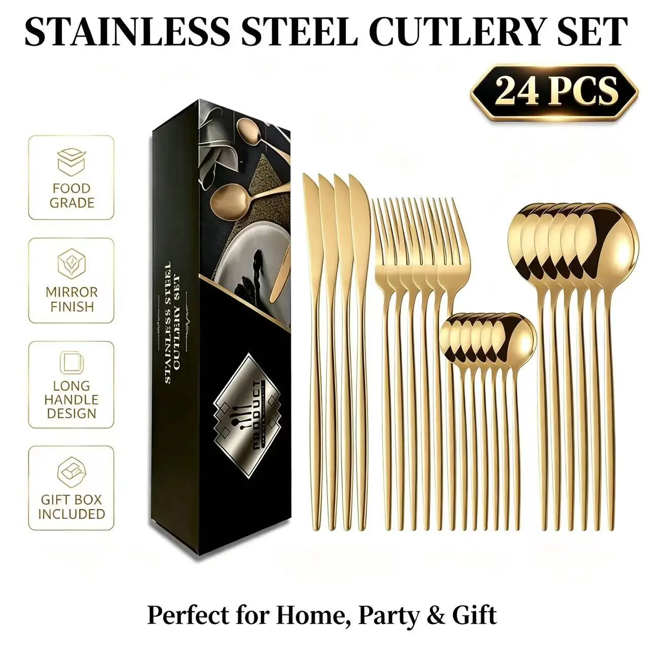 Luxury Portuguese Stainless Steel Dinnerware Set, 24-Piece Cutlery Kit, Home Steak Knife Fork Spoon Gift Box, Multicolor, Tableware