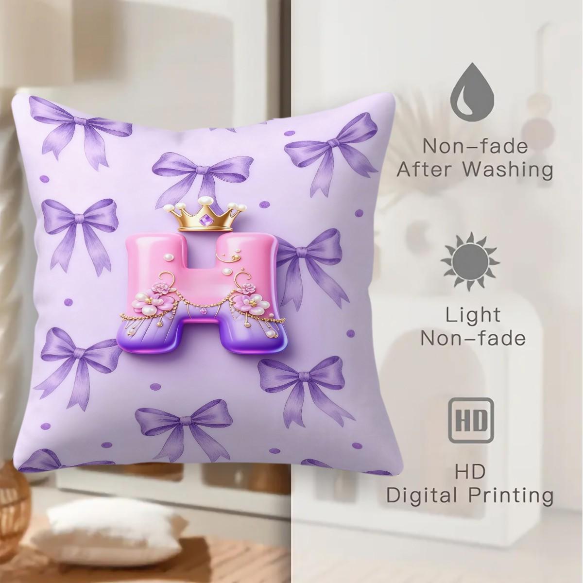 Purple 3D Letter A-Z Crown Throw Pillow 1 Pc with Insert, Soft Comfortable Square Cushion with Zipper Closure for Sofa Chair & Bedroom, Exclusive Customization with Initials Gift, Princess Style Home Decor