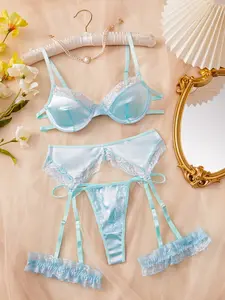 baddie Sexy Lingerie Set for Women, Satin Spliced Lace Lingerie (Underwired / Thong / Garter Belt / Comes with a Pair of Leg Rings), 5-Piece Lingerie Suit, Perfect for Private Parties & Valentine's Day Gifts lenceria sexi mujer silk pijama