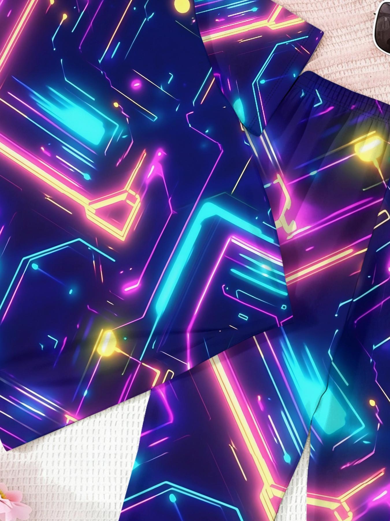 New Kids Trendy Starry Neon Full Print Set, Short Sleeve Loose Top + Unique Bell Bottoms, Spring Summer Casual Fashion Clothing