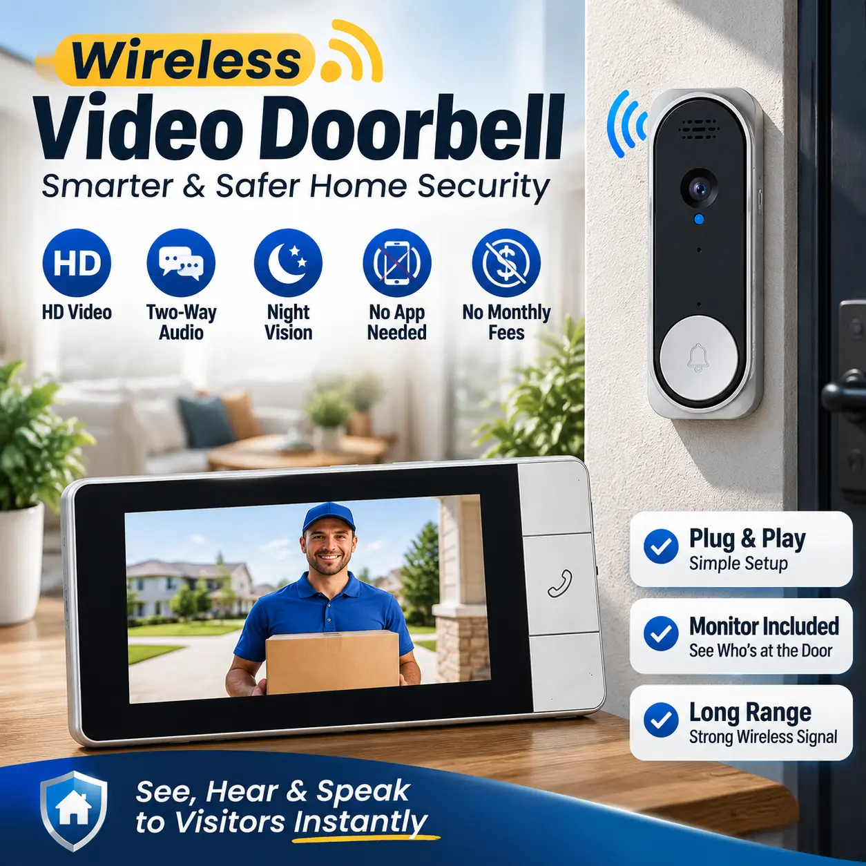 Smart Doorbell Camera with 4.3" Monitor, Wireless HD Video Door Bell, Real-Time Two-Way Audio, Night Vision, Easy Installation for Home Safety & Family Protection