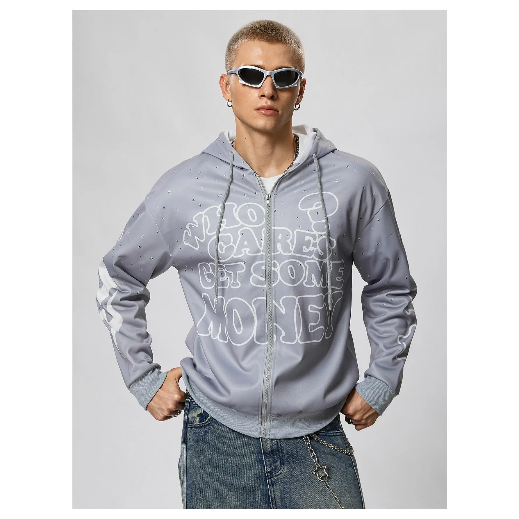 Men's Casual Slogan Print Thermal Lined Hoodie Sweatshirt, Autumn/Winter, Who Cares Get Some Money Hoodie, Grey Zip Up Hoodie, Y2K