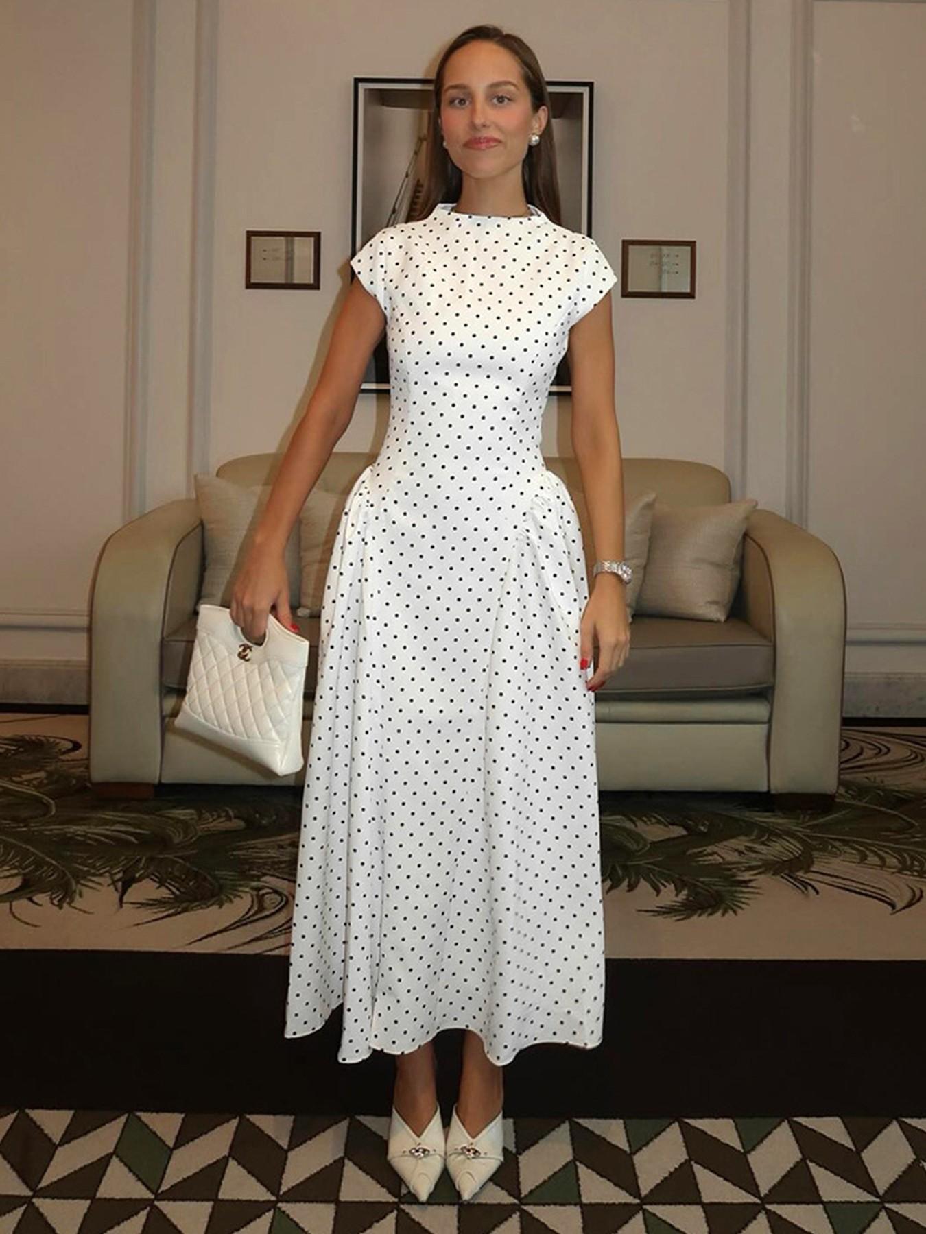 Boho Polka Dot Print A-Line O-Neck Maxi Dress, Elegant Summer Party Casual Long Dress for Women, Fashion Dress for Holiday