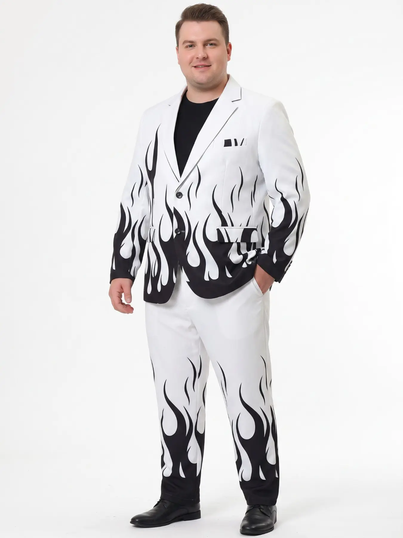 Plus-size men's suit with white base and black flame print, trendy stage performance slim-fit suit