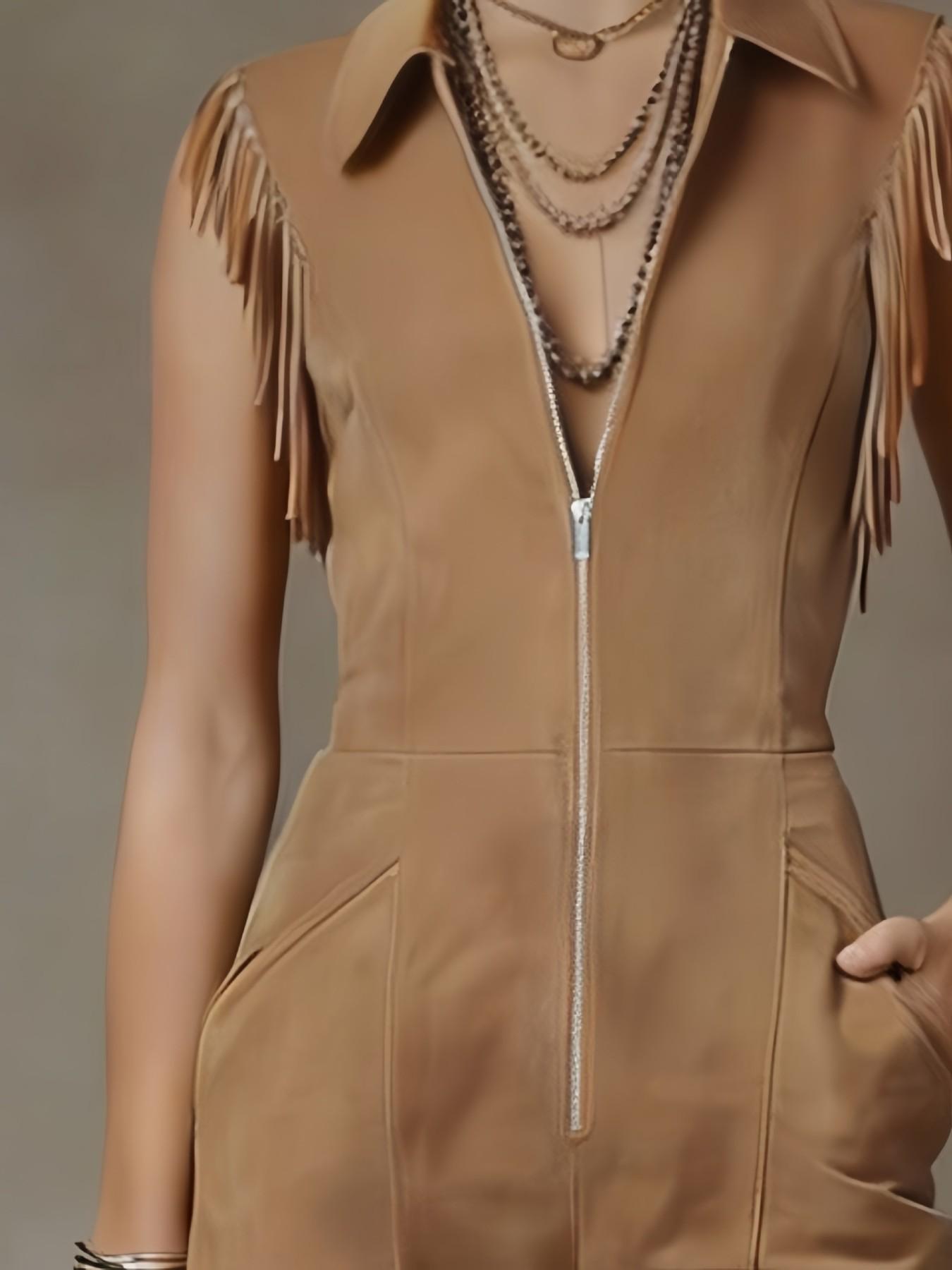 Women's Western Cowgirl Style Fall Summer Brown Faux Suede Jumpsuit, Sleeveless Zip Up Fringe Trim Flattering Fit, For Country Music Festival Rodeo Concert