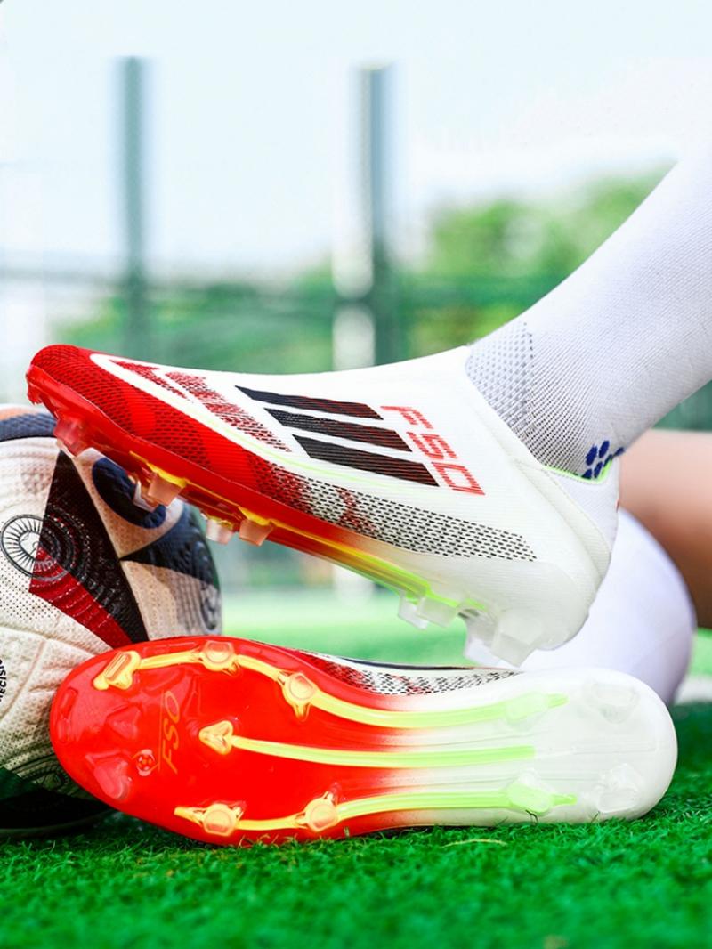 Unisex White-Blue-Orange Gradient Laceless Firm Ground Soccer Shoes: Competitive Pro Style, Knit Breathable Upper, Anti-Twist Midsole, Transparent Stud Grip. Ideal for official matches/professional training.