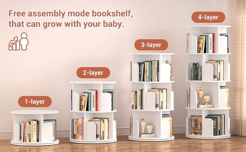 Rotating Bookshelf Tower, 360 Display 4-Tier Wood Floor Bookcase Storage Rack for Kids&Adult, Spinning Book Shelf Revolving Bookcase for Bedroom, Corner Bookshelf for Small Space, Living Room, Study Room Organiser Wooden