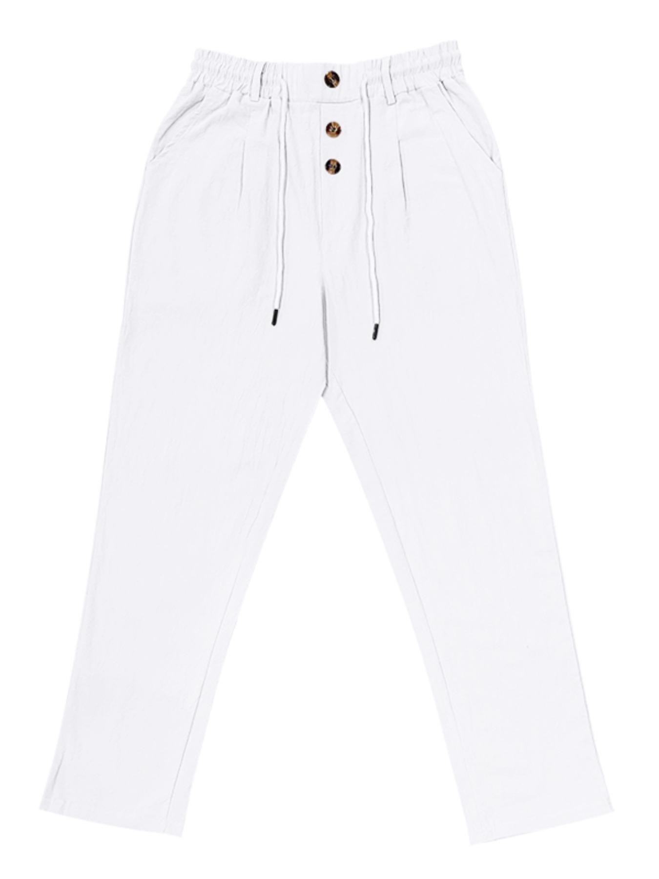 Men's lightweight casual sportswear pants, featuring drawstring and multi-button design, stylish linen woven straight-leg trousers