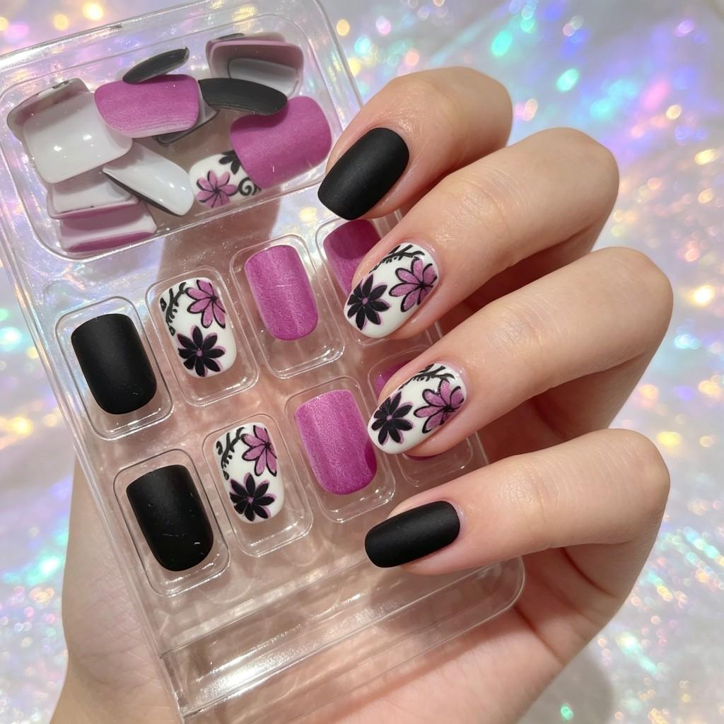 Handmade False Nails, 24-Piece Set, French Floral Design with and, Romantic and Elegant, Perfect for Daily Use and Special Occasions