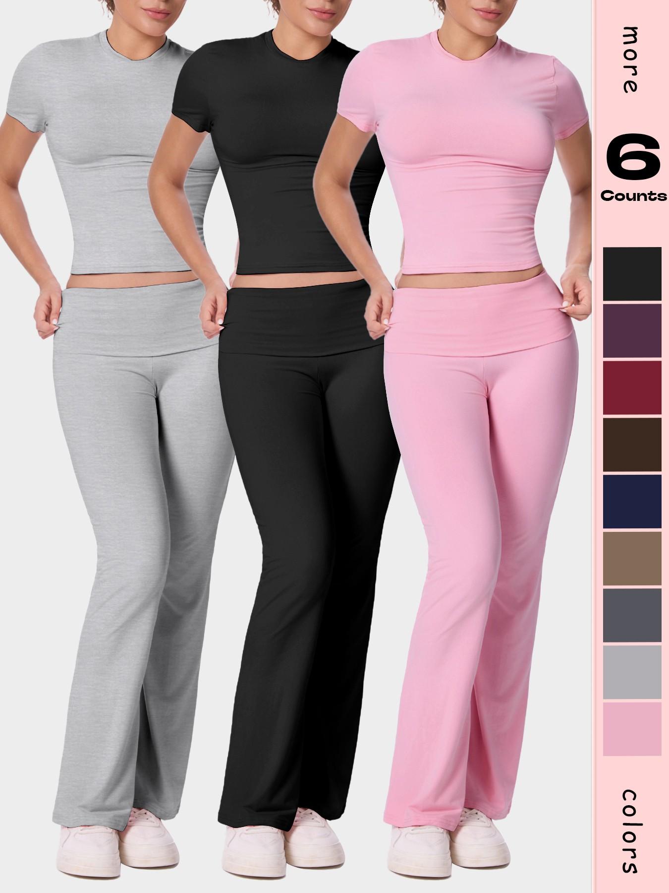 Women's Solid Color Short Sleeve Top & Flare Leg Pants Loungewear, Casual Comfy Two-piece Lounge Set, Ladies Loungewear for All Seasons, Pajama Set