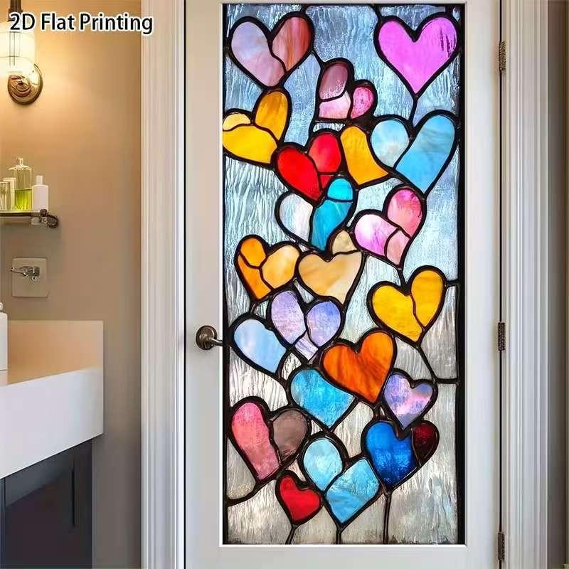 Vibrant Colored Glass Heart Window Sticker, Static Adhesive Frosted Privacy Film, Easy Install Removable PVC Decor, Ideal for Bathroom, Office, Windows