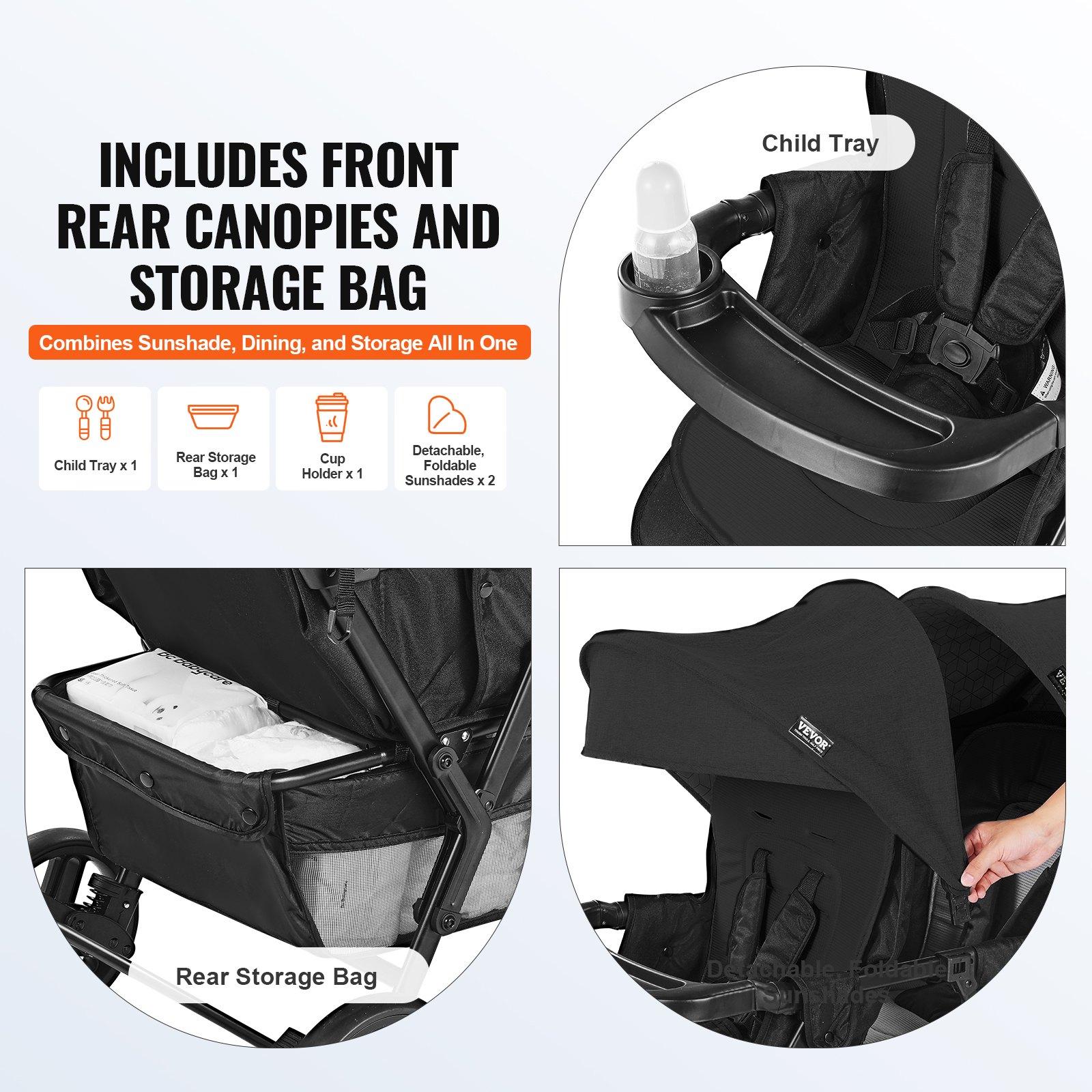 VEVOR Lightweight Foldable Tandem Double Stroller with Tandem Seating, Adjustable Backrest, Adjustable Footrest, Wrap Harness, Storage Tray, Storage Basket, Push Handle, for Newborns (Newborn Baby Stuff), Outdoor Walks (Black)