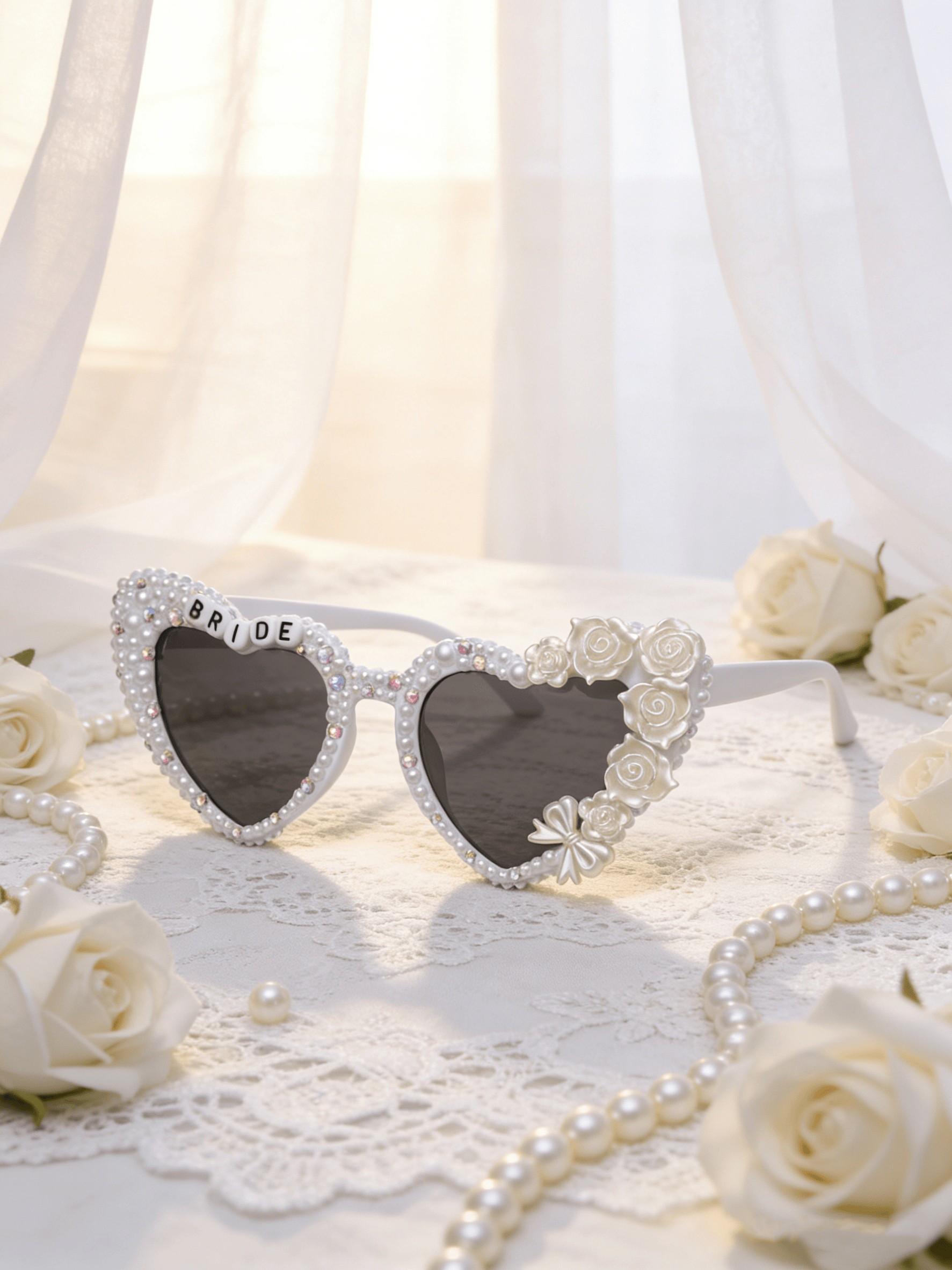 Elegant Bridal Sunglasses with Heart and Rose Design, Luxury Fashion Accessory for Wedding Photos, Ideal Gift for Bride