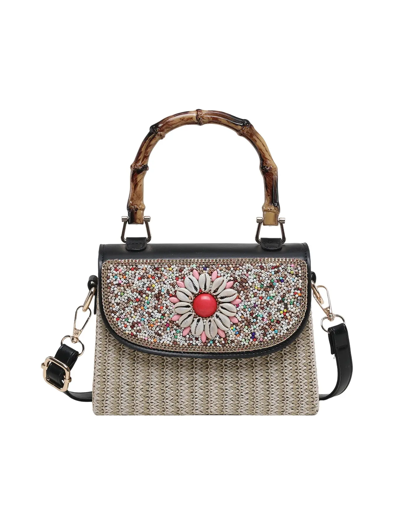 Ethnic Style Beaded Flower Straw Bamboo Handbag, Vintage National Wind, Adjustable Strap, Lightweight Breathable, Women's Crossbody Bag