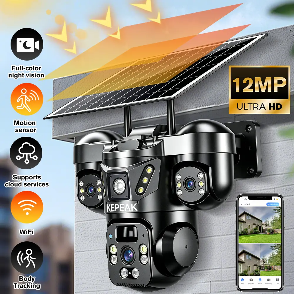 Panel Solar WiFi Security Camera, Triple-Lens Outdoor Wireless Camera, 4K Resolution 6MP, 360° Pan/Tilt, V380 Pro APP Control, Spotlight Alarm, PIR Motion Detection, Two-Way Audio
