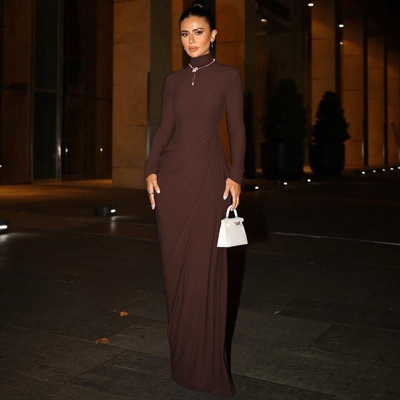 Women's Solid Mock Neck Ruched Long Sleeve Bodycon Dress, Elegant Back Cut Out Button Slim Fit Maxi Dress, Party Club Date Evening Formal Dress, Elegant modesty dress, Spring Fall Winter Holiday Daily Casual Dresses For Outdoor