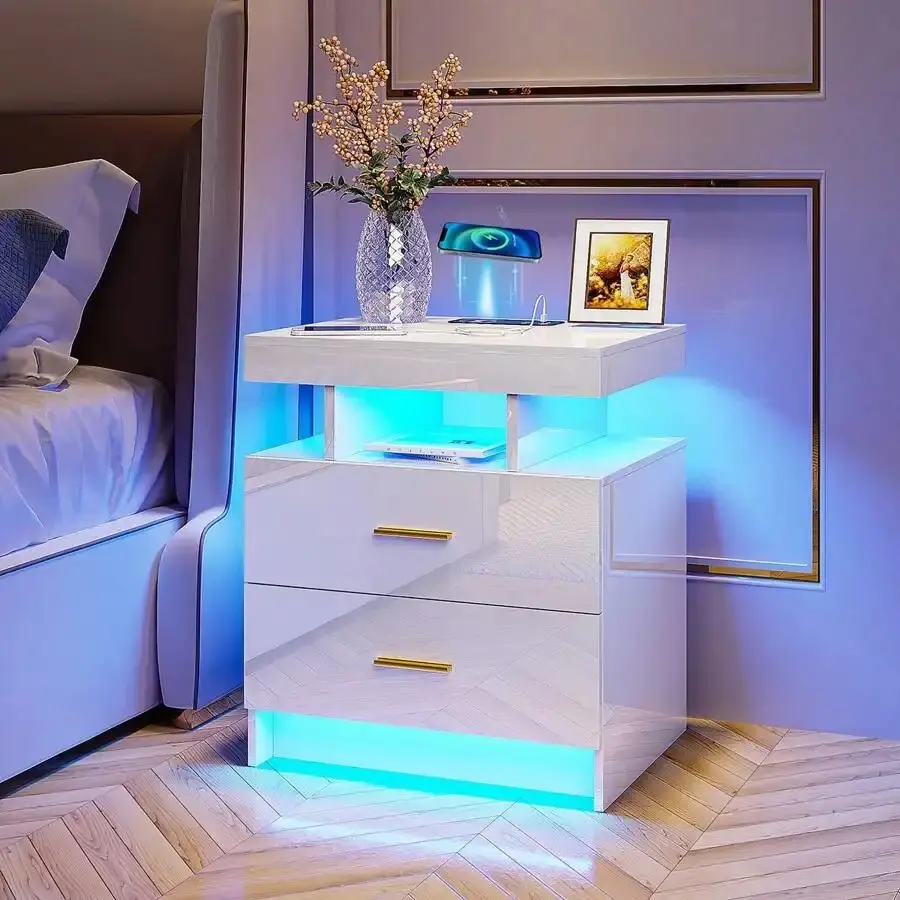 LED Nightstand With Charging Station And Body Sensing Lights, High Gloss Night Stand With Wireless/USB/Type-C Ports, Bedside Table With 2 Drawers/3 Color&Adjustable Brightness Light Strip Marble Dining