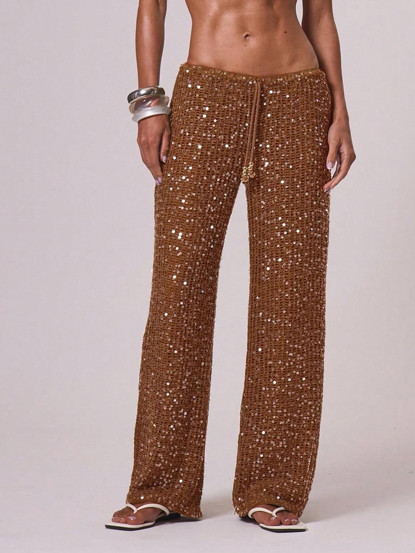 Women's Bohemian Style Beach Pants, Elegant Summer Sequined Long Trousers, Fashionable Holiday Wear, Ladies' Casual