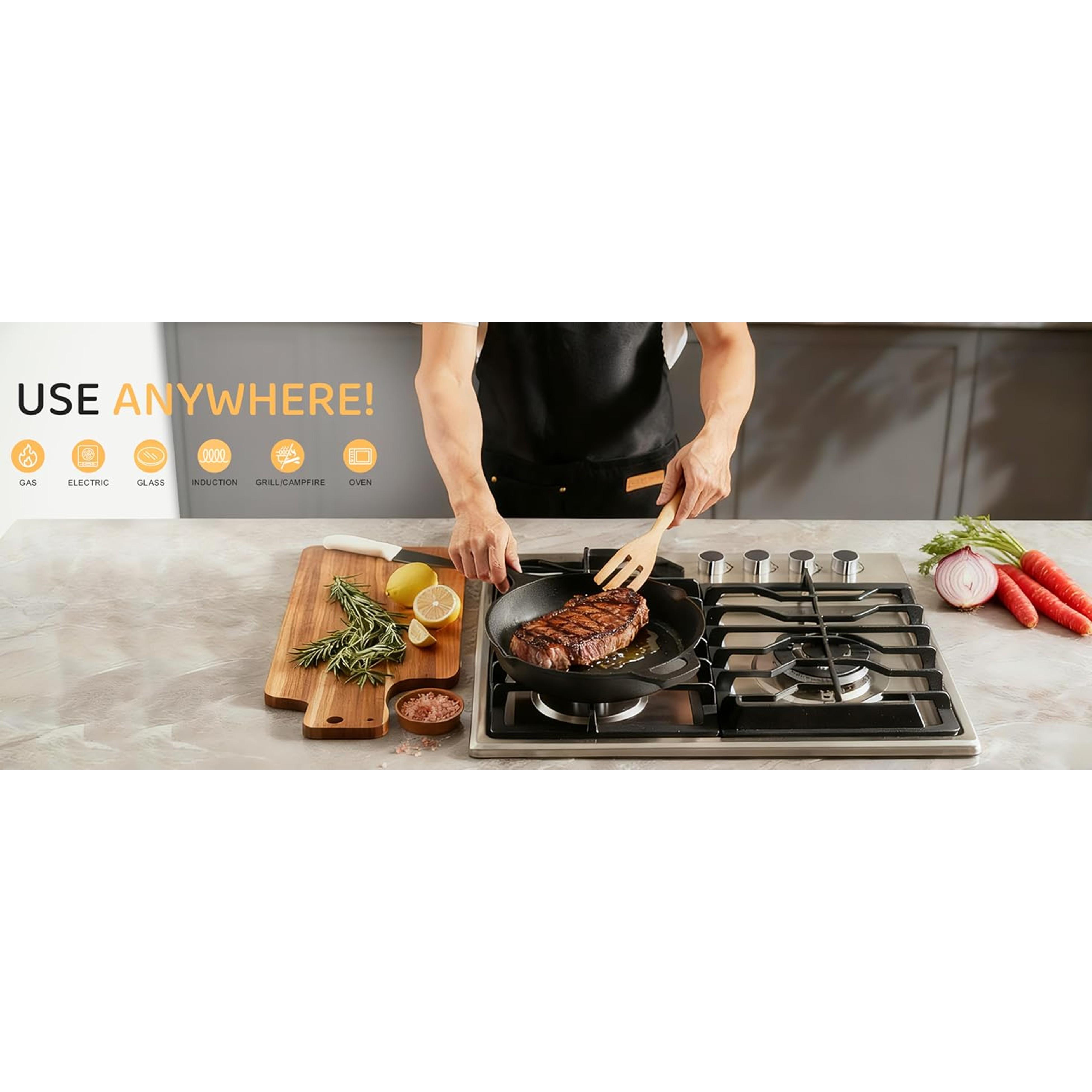 Cast Iron Skillet 3-Piece Set, Heavy-Duty Professional Restaurant Chef Quality Pre-Seasoned Pan Cookware Set, 6", 8", 10" Pans For Frying, Saute, Cooking, Use Indoor/Outdoor, Oven, Grill