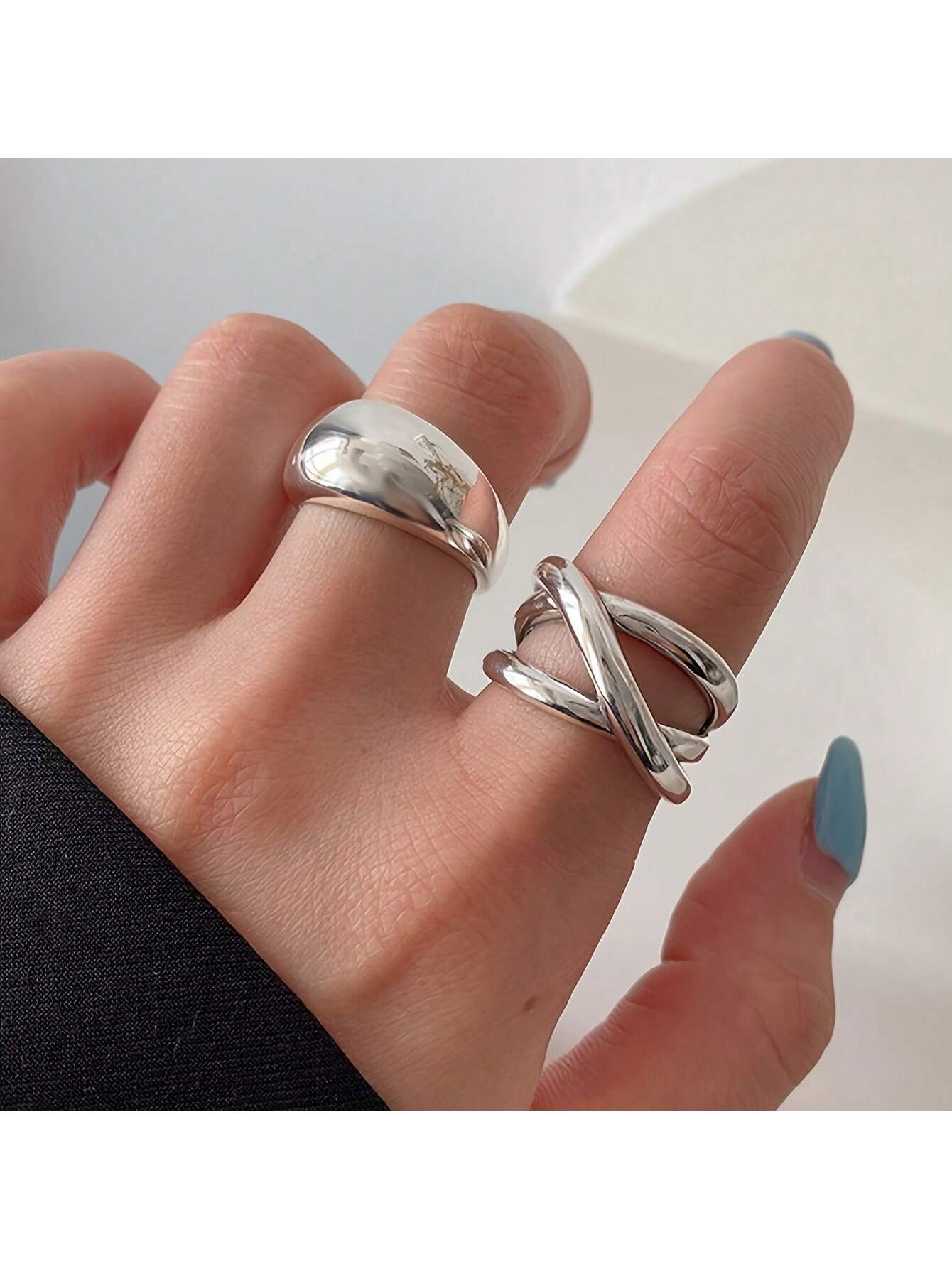 Women's Fashion Ring Set Silver Color Irregular Smooth Geometric Liquid Rings Exaggerated Old Money Style Stackable Wide Bands Dainty Stacking Rings