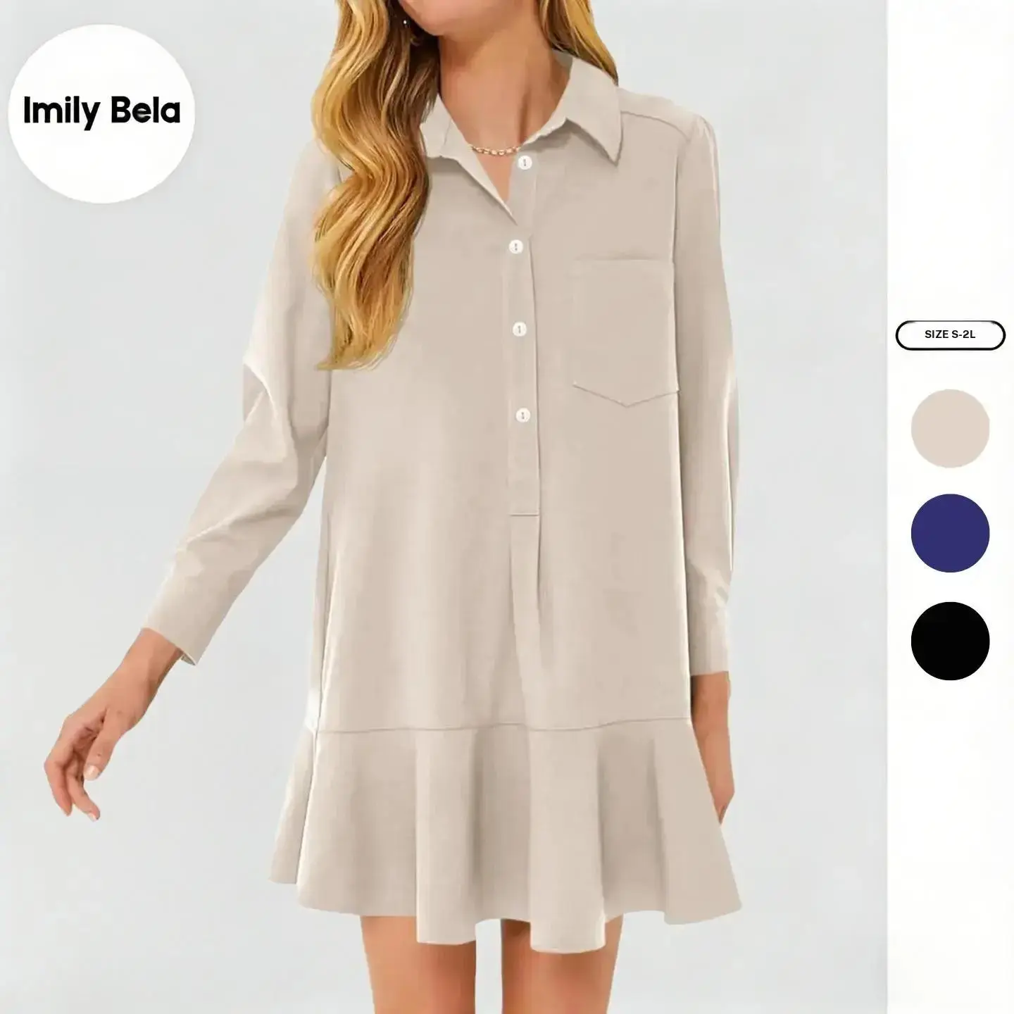 Imily Bela Womens Casual Button Down Shirt Dress Fashion Long Sleeve Collared Pleated Swing Mini Dresses