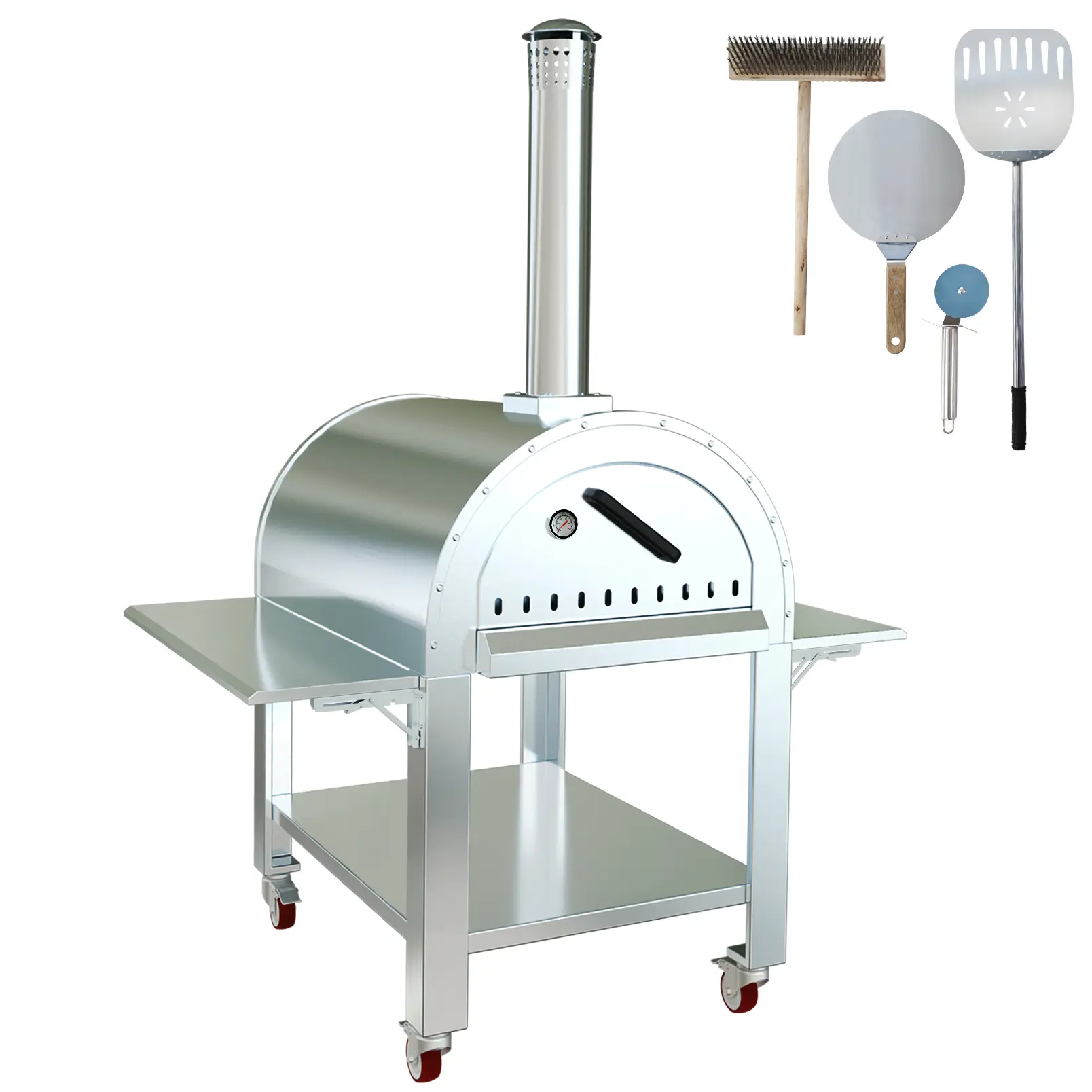32x32x80 Inch Stainless Steel Wood & Charcoal Fired Pizza Oven, Mobile Kiln-Style, Silver