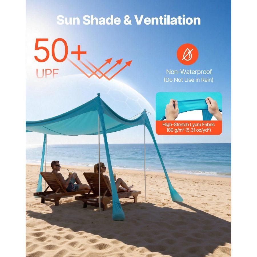 VEVOR Beach Tent Sun Shelter, UPF50+ Sun Protection, 6.6 ft Tall, 10x 10 ft, Easy Pop Up Beach Canopy with Sandbags, Stability Poles, Sand Shovels, Portable Shade for Family Outings, Camping, Fishing