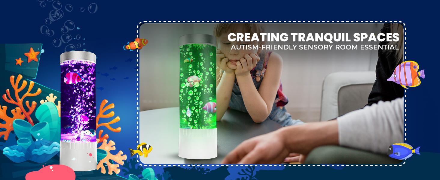 Bubble Fish LED Bubble Lamp - Desktop Sensory Tube-Shape Indoor Nightlight with 7 RGB Colors, Moving Fishes, Artificial Aquarium Tank for Home Decor, Kids Gift